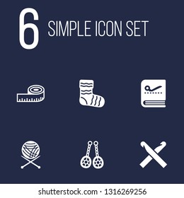 Set of 6 handcraft icons set. Collection of crochet, knitting, knitted socks and other elements.