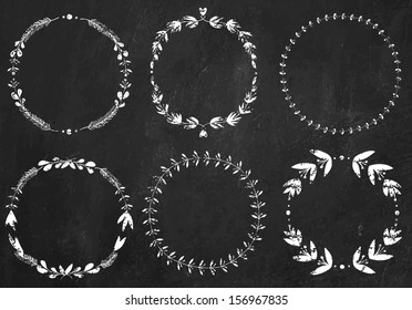 Set of 6 hand-draw chalk vector victory laurel wreaths for stationary on a black chalkboard background