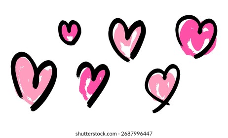 Un conjunto de 6 ilustraciones de corazones de color rosa dibujadas a mano.