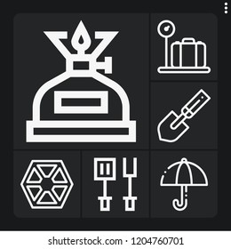 Set of 6 handle outline icons such as umbrella, shovel, luggage, sith, spatula