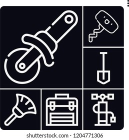 Set of 6 handle outline icons such as air pump, duster, toolbox, shovel, corkscrew