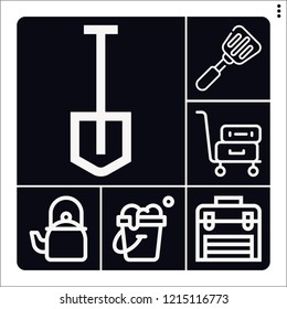 Set of 6 handle outline icons such as bucket, luggage, toolbox, kettle, spatula