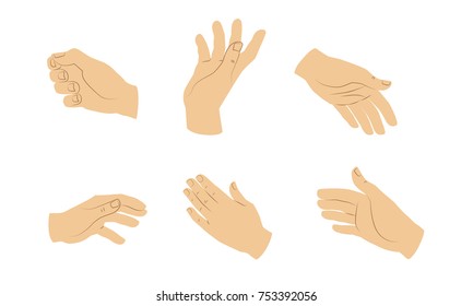 A set of 6 hands of a man with a line nails. Vector, isolated on white background