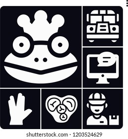 Set of 6 happy filled icons such as heart, postman, school bus, feedback, vulcan salute