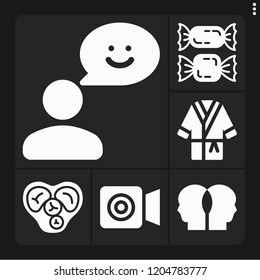 Set of 6 happy filled icons such as heart, candies, feedback, relationship, bathrobe