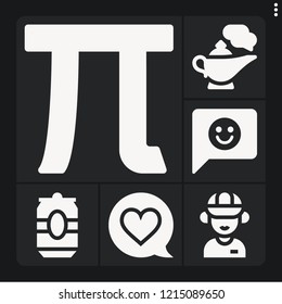 Set of 6 happy filled icons such as employee, feedback, pi, genie, heart