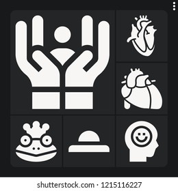 Set of 6 happy filled icons such as heart, frog prince, happiness, care