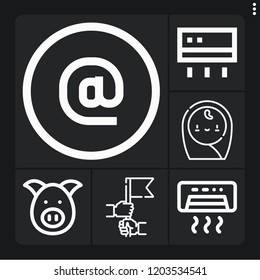 Set of 6 happy outline icons such as pig, at, air conditioner, friendship