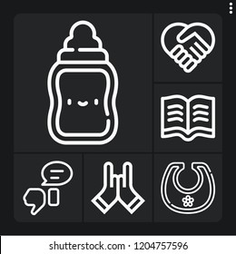 Set of 6 happy outline icons such as feedback, bib, feeding bottle, read, handshake
