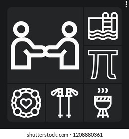Set of 6 happy outline icons such as pi, hiking, swimming pool, barbecue, group