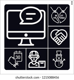 Set of 6 happy outline icons such as snowman, postman, feedback, best friends, friendship