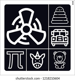 Set of 6 happy outline icons such as school bus, fan, pi, unicorn, rings