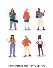 Set of 6 happy young people: schoolboys and schoolgirls. Concept of back to school. Various nationalities characters. Stylish pupils. Flat vector illustration