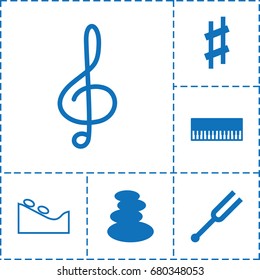 set of 6 harmony filled and outline icons such as spa stones, tonometer, musical sharp, spa stone, treble clef