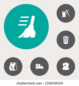 Set of 6 harvesting icons set. Collection of leather, trash can, express cleaning and other elements.