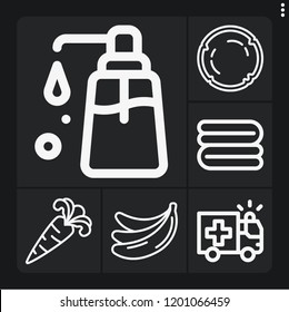 Set of 6 health outline icons such as bananas, carrot, coconut, towel, ambulance