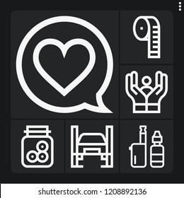 Set of 6 health outline icons such as cigarette, eyeball, lift, heart, measuring tape