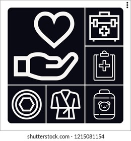 Set of 6 health outline icons such as nut, baby powder, bathrobe, first aid kit, health
