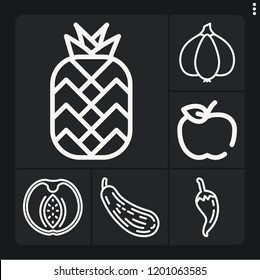 Set of 6 healthy outline icons such as eco food, butternut squash, garlic, peach, pineapple