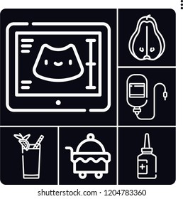 Set of 6 healthy outline icons such as bloody mary, pear, transfusion, room service, medicine