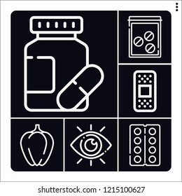 Set of 6 healthy outline icons such as view, bell pepper, medicine