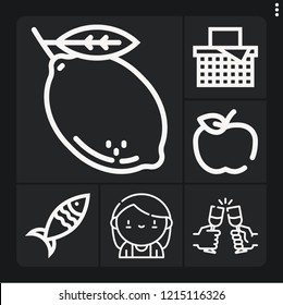 Set of 6 healthy outline icons such as eco food, lemon, fish, toast, gynecologist