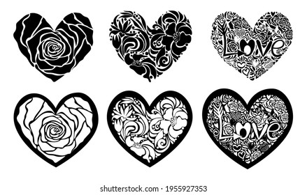 Set of 6 hearts in black, minimalist paper cut, transparent inside. Inside the heart are monograms, flowers. Stock vector illustration isolated on a white background.