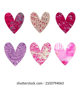 Set of 6 hearts images with different texture. Vector isolated images on white background.