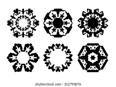 Set of 6 Hexagon star icon, geometric flower star, black circle logo, flora mandala design, snowflake ornament motif