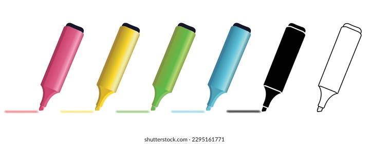conjunto de 6 plumas de marcador de resaltado para resaltar texto en silueta rosa, amarilla, verde, azul, negra y contorno aislado en fondo blanco