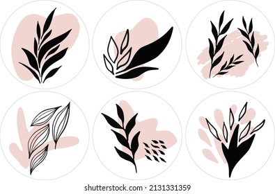 Set of 6 highlights cover icons for stories. Illustrated vector icons. Round templates for social media. Abstract floral backgrounds. Trendy elements for stories in pastel colors.