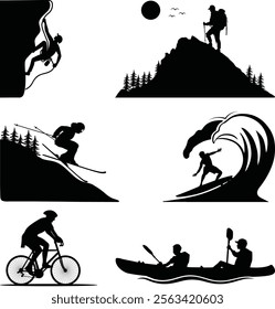 Set of 6 high-quality vector silhouettes of adventure sports, featuring extreme activities like rock climbing, hiking, surfing, skiing, kayaking, and mountain biking. 