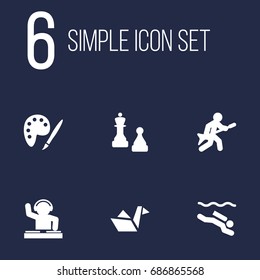 Set Of 6 Hobbie Icons Set.Collection Of Frogman, Checkmate, Disco And Other Elements.