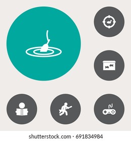 Set Of 6 Hobbie Icons Set.Collection Of Playing, Learning, Fish And Other Elements.