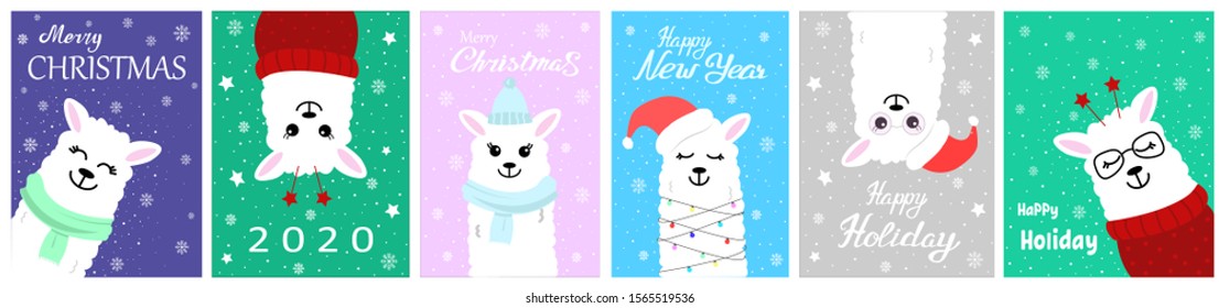 Set of 6 holiday greeting card with white llama and snowflake. Vector hand-drawn illustration. Cute card for your design. Festive background. Handwritten modern letters.