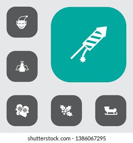 Set of 6 holiday icons set. Collection of glove, sledge, petard and other elements.