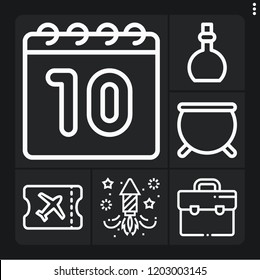 Set of 6 holiday outline icons such as potion, cauldron, suitcase, fireworks, calendar