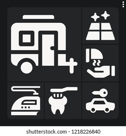 Set of 6 home filled icons such as hand dryer, toothbrush, floor, caravan, rental