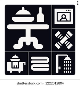 Set of 6 home filled icons such as shower, towel, cross wrench, room service, dinner table