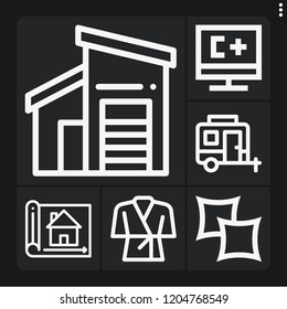 Set of 6 home outline icons such as caravan, buildings, house plan, pillow, bathrobe