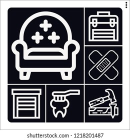 Set of 6 home outline icons such as carpenter, toothbrush, garage, toolbox, armchair