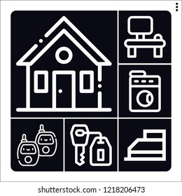 Set of 6 home outline icons such as house, desk, laundry, iron, key