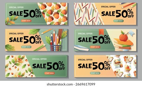 Set de 6 Anuncios de Vector Horizontales para promociones escolares con 50% de descuento. Incluye Elementos de temporada y temáticos escolares.

