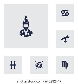 Set Of 6 Horoscope Icons Set.Collection Of Crab, Fishes, Binoculars And Other Elements.