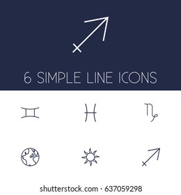 Set Of 6 Horoscope Outline Icons Set.Collection Of Gemini, Capricorn, Sun And Other Elements.