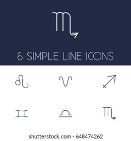 Set Of 6 Horoscope Outline Icons Set.Collection Of Leo, Gemini, Scorpion And Other Elements.