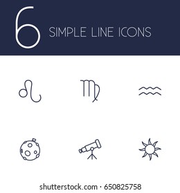 Set Of 6 Horoscope Outline Icons Set.Collection Of Sun, Telescope, Leo And Other Elements.