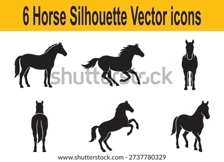 Set of 6 horse silhouette vector icons in different poses for logo and sports design
