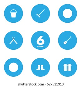 Set Of 6 Horticulture Icons Set.Collection Of Rubber Boots, Scissors, Shovel And Other Elements.
