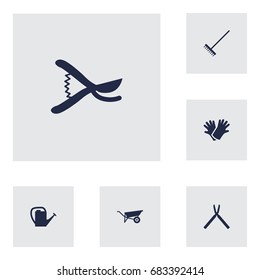Set Of 6 Horticulture Icons Set.Collection Of Latex, Scissors, Wheelbarrow And Other Elements.